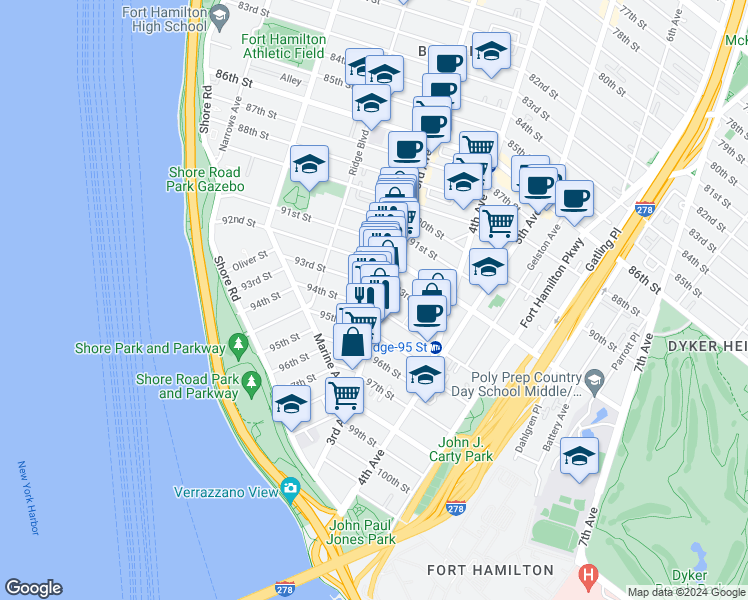 map of restaurants, bars, coffee shops, grocery stores, and more near 9318 3rd Avenue in Brooklyn