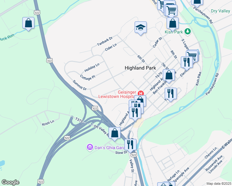 map of restaurants, bars, coffee shops, grocery stores, and more near 311 Hillsdale Avenue in Lewistown
