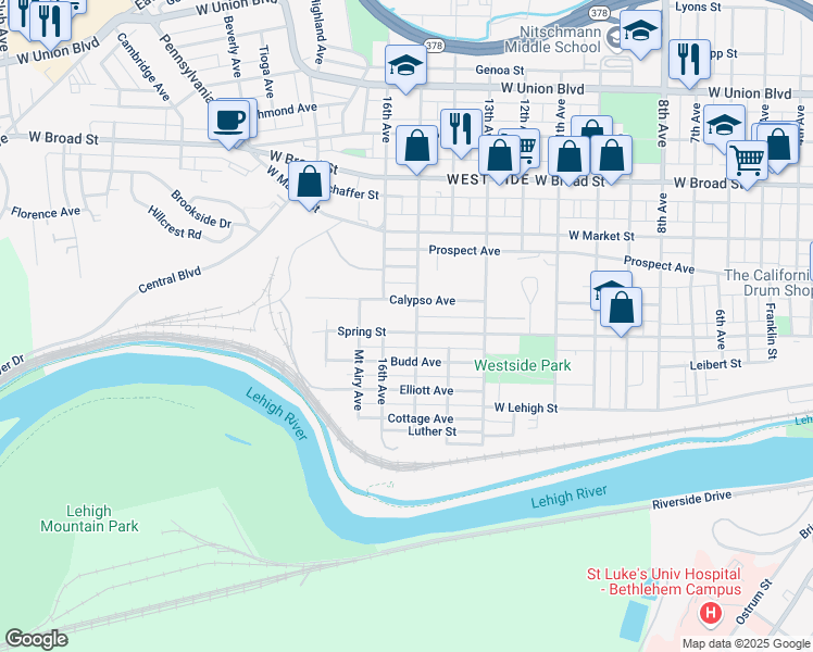 map of restaurants, bars, coffee shops, grocery stores, and more near 1608 Spring Street in Bethlehem