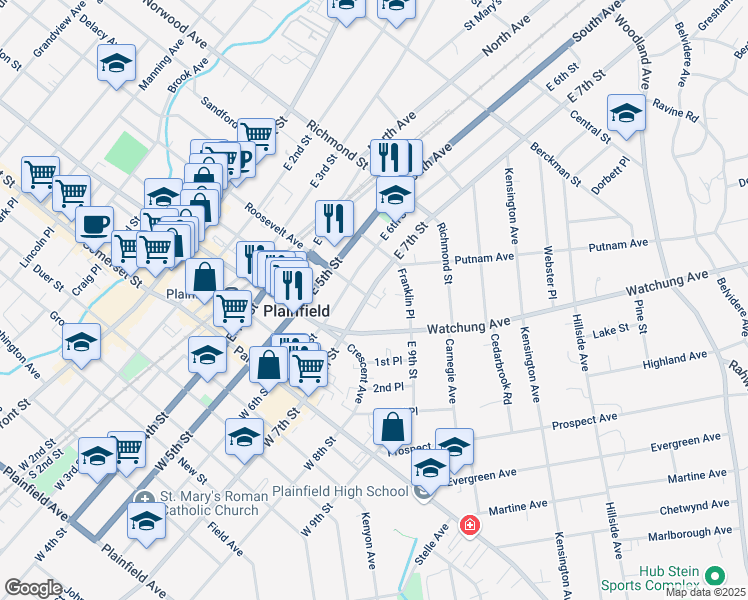 map of restaurants, bars, coffee shops, grocery stores, and more near 604-06 Roosevelt Avenue in Plainfield