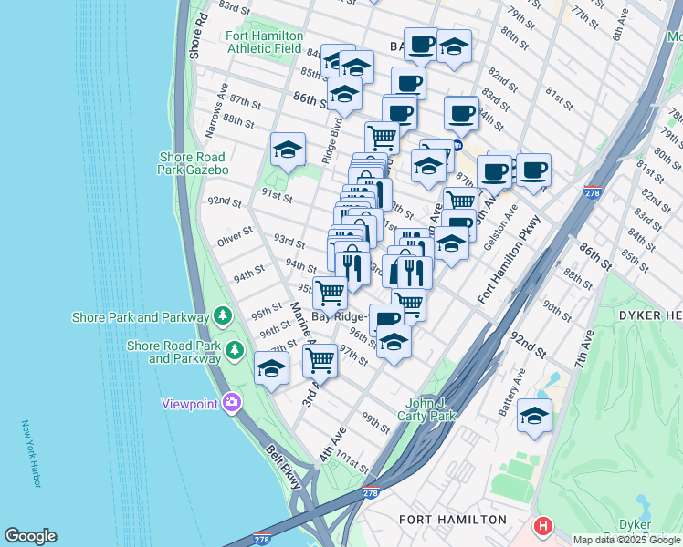 map of restaurants, bars, coffee shops, grocery stores, and more near 271 94th Street in Brooklyn