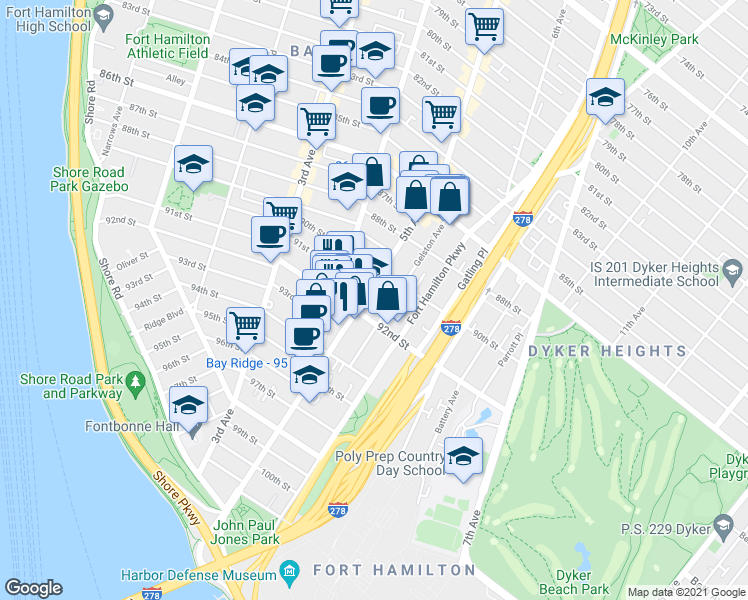 map of restaurants, bars, coffee shops, grocery stores, and more near 9115 5th Avenue in Brooklyn