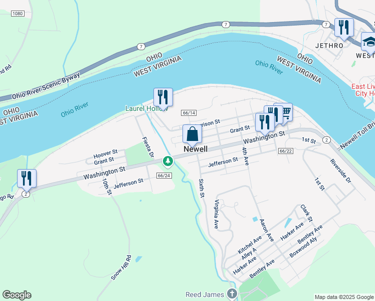 map of restaurants, bars, coffee shops, grocery stores, and more near 610 Washington Street in Newell