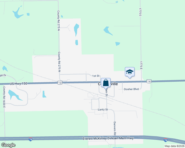 map of restaurants, bars, coffee shops, grocery stores, and more near 201 1st Street in Congerville