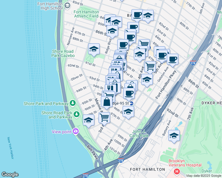 map of restaurants, bars, coffee shops, grocery stores, and more near 269 94th Street in Brooklyn