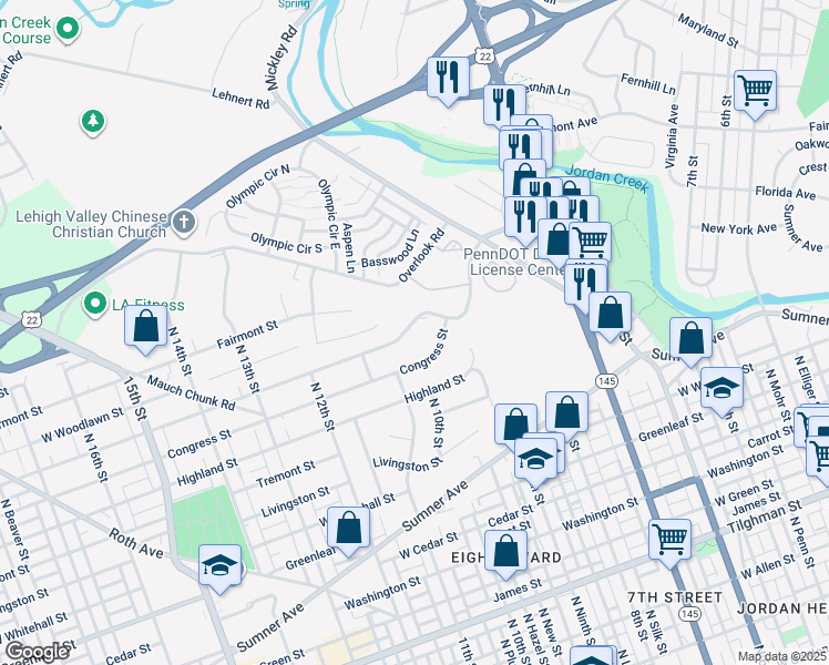 map of restaurants, bars, coffee shops, grocery stores, and more near 942 Pennsylvania Street in Fullerton