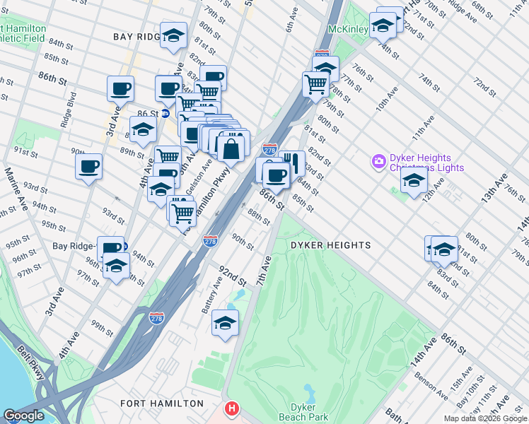 map of restaurants, bars, coffee shops, grocery stores, and more near 25 Battery Avenue in Brooklyn