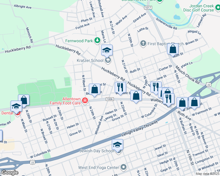 map of restaurants, bars, coffee shops, grocery stores, and more near 1642 Whitehall Avenue in Allentown