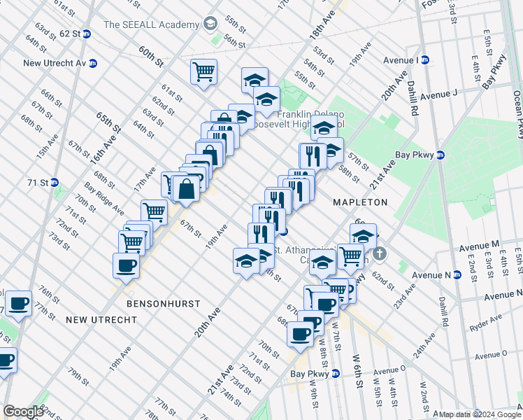 map of restaurants, bars, coffee shops, grocery stores, and more near 1934 63rd Street in Brooklyn