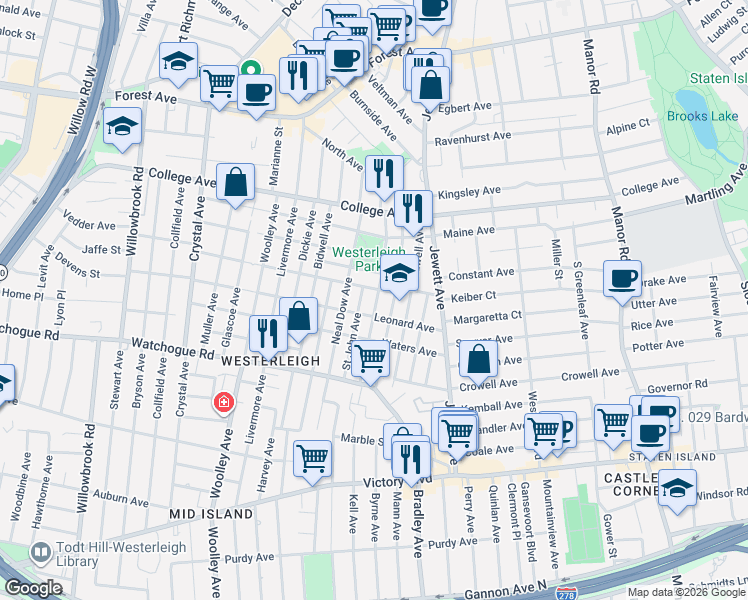 map of restaurants, bars, coffee shops, grocery stores, and more near 110 Lathrop Avenue in Staten Island