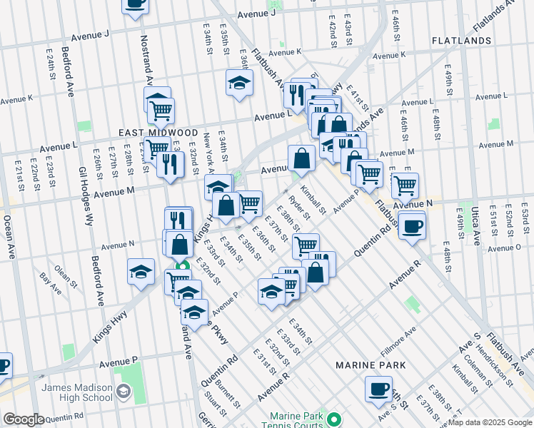 map of restaurants, bars, coffee shops, grocery stores, and more near 3529 Flatlands Avenue in Brooklyn