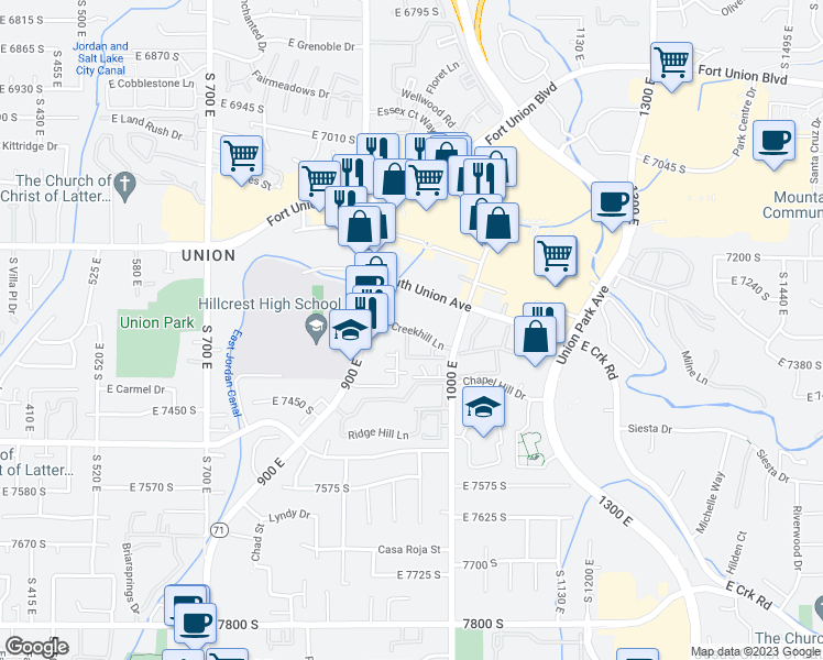 map of restaurants, bars, coffee shops, grocery stores, and more near 957 Creekhill Lane in Midvale