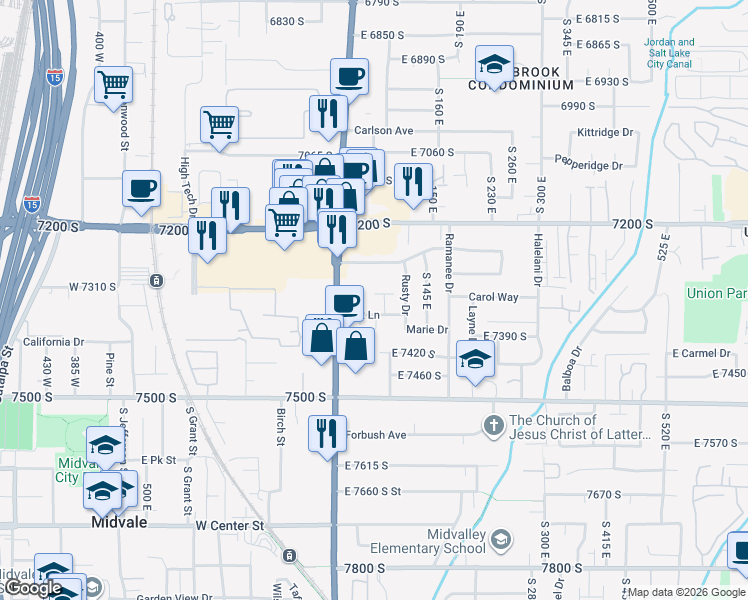 map of restaurants, bars, coffee shops, grocery stores, and more near 7321 State Street in Midvale