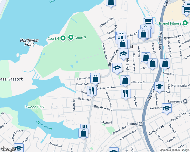 map of restaurants, bars, coffee shops, grocery stores, and more near 13 Oak Place in Inwood