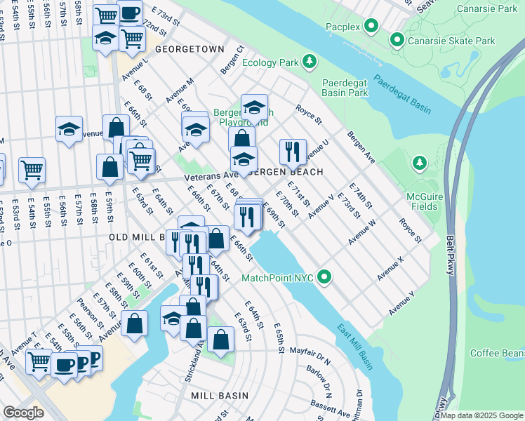 map of restaurants, bars, coffee shops, grocery stores, and more near 2101 East 68 Street in Brooklyn