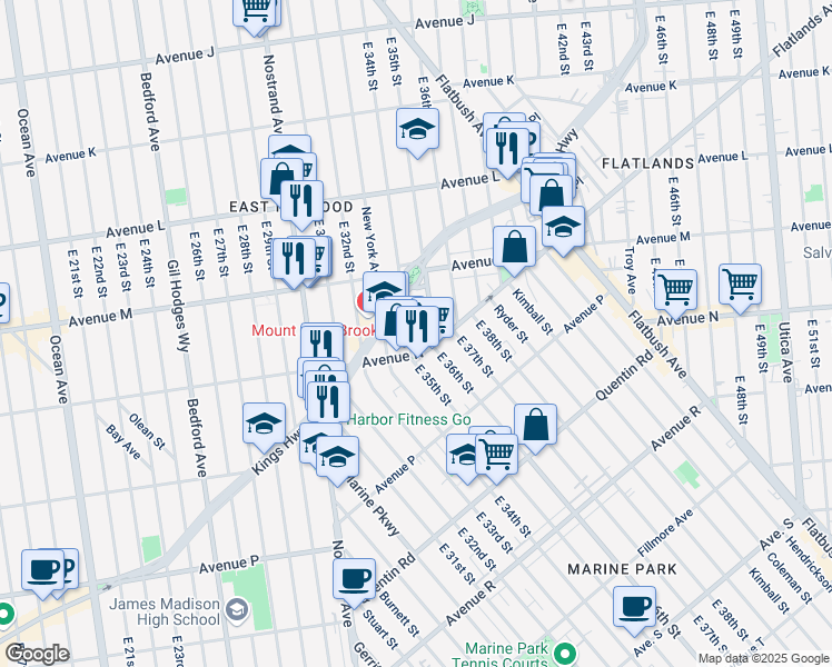 map of restaurants, bars, coffee shops, grocery stores, and more near 1497 East 34th Street in Brooklyn