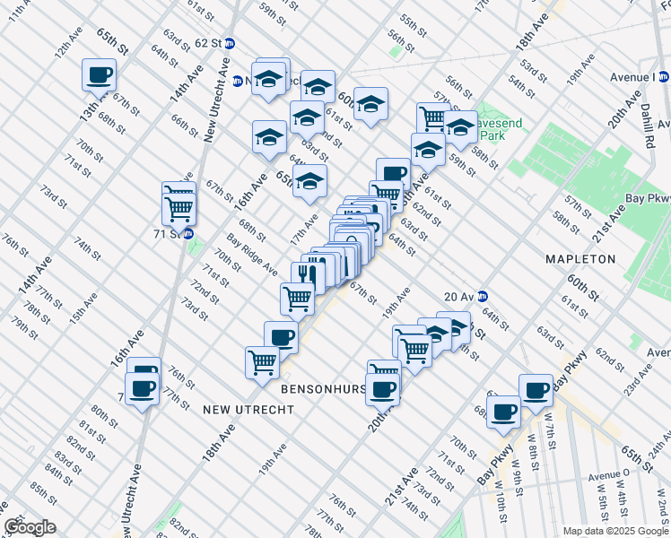 map of restaurants, bars, coffee shops, grocery stores, and more near 1751 67th Street in Brooklyn