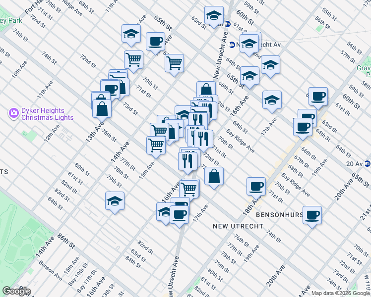 map of restaurants, bars, coffee shops, grocery stores, and more near 1527 73rd Street in Brooklyn