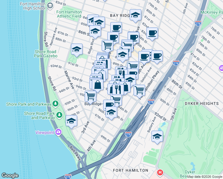 map of restaurants, bars, coffee shops, grocery stores, and more near 368 92nd Street in Brooklyn