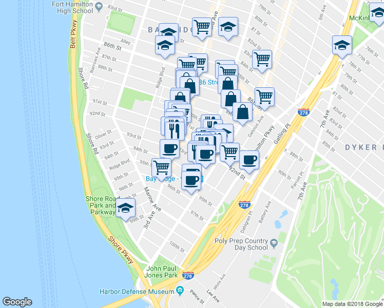 map of restaurants, bars, coffee shops, grocery stores, and more near 368 92nd Street in Brooklyn
