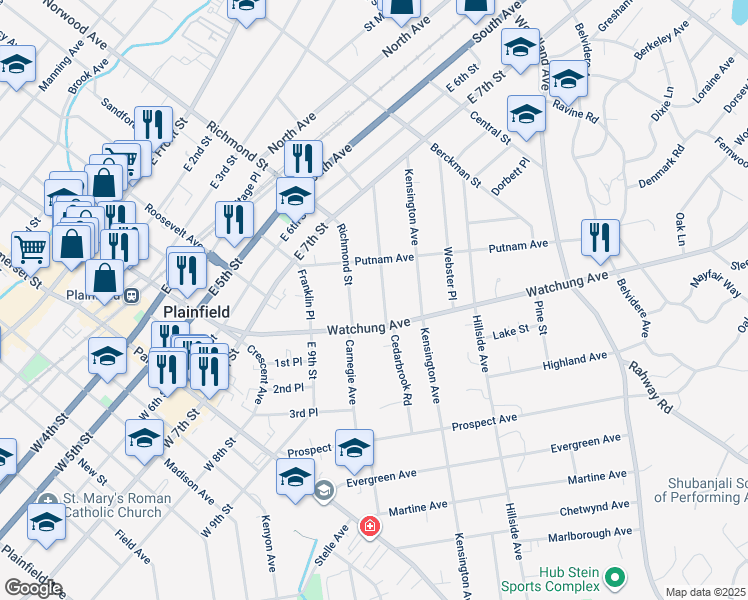 map of restaurants, bars, coffee shops, grocery stores, and more near 825-27 Richmond Street in Plainfield