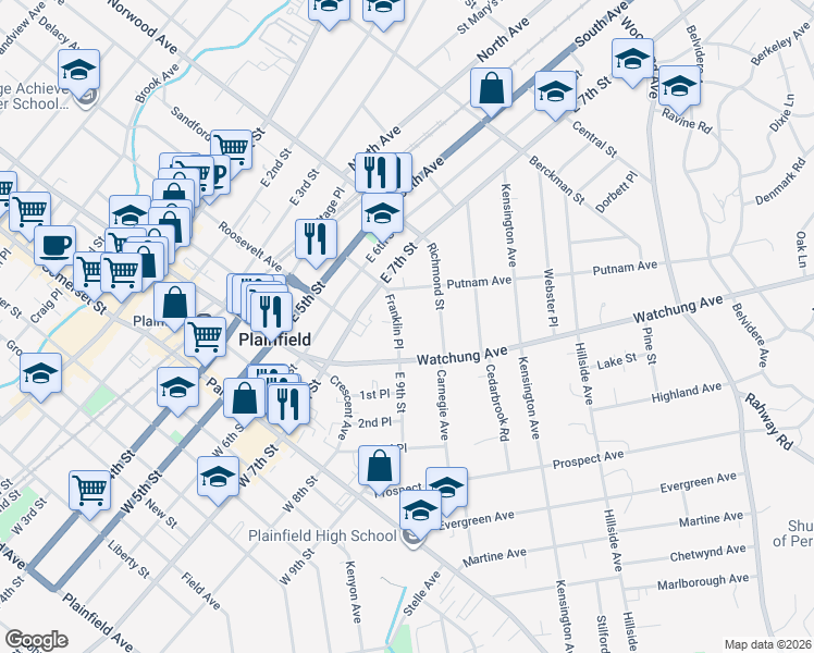 map of restaurants, bars, coffee shops, grocery stores, and more near 328-30 Franklin Place in Plainfield