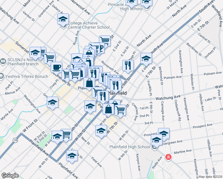 map of restaurants, bars, coffee shops, grocery stores, and more near in Plainfield