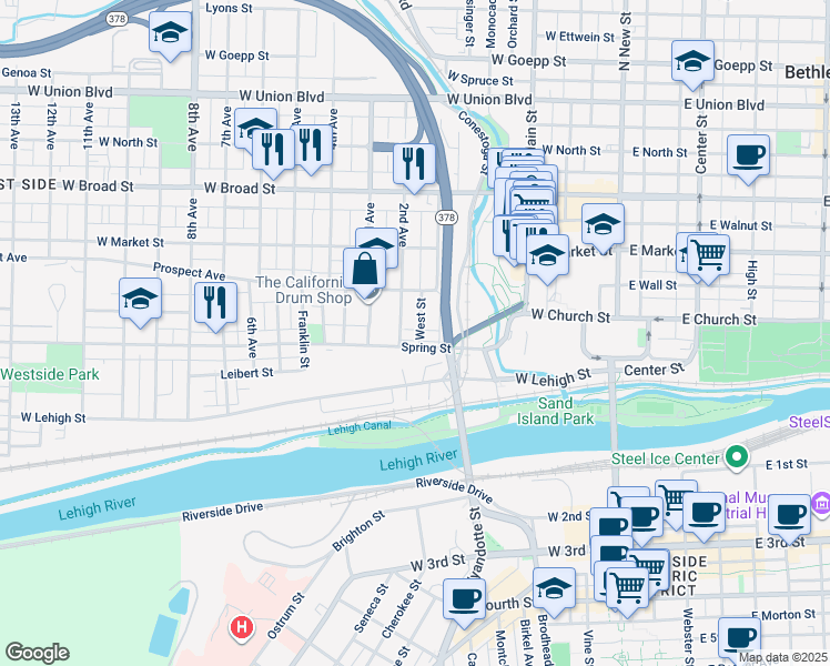 map of restaurants, bars, coffee shops, grocery stores, and more near 320 2nd Avenue in Bethlehem
