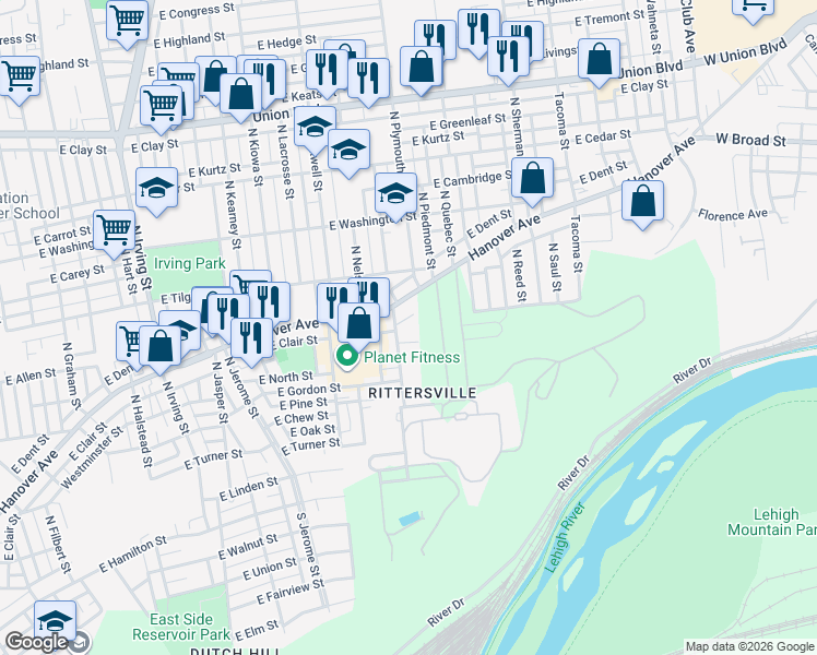 map of restaurants, bars, coffee shops, grocery stores, and more near 455 North Oswego Street in Allentown