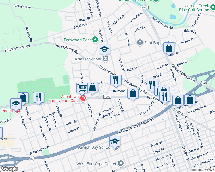 map of restaurants, bars, coffee shops, grocery stores, and more near 1642 Whitehall Avenue in Allentown