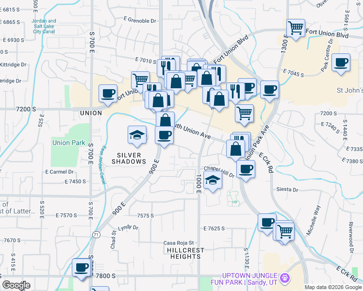 map of restaurants, bars, coffee shops, grocery stores, and more near 987 Creekhill Lane in Midvale