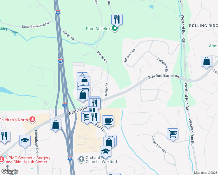 map of restaurants, bars, coffee shops, grocery stores, and more near 119 Mingo Road in Wexford