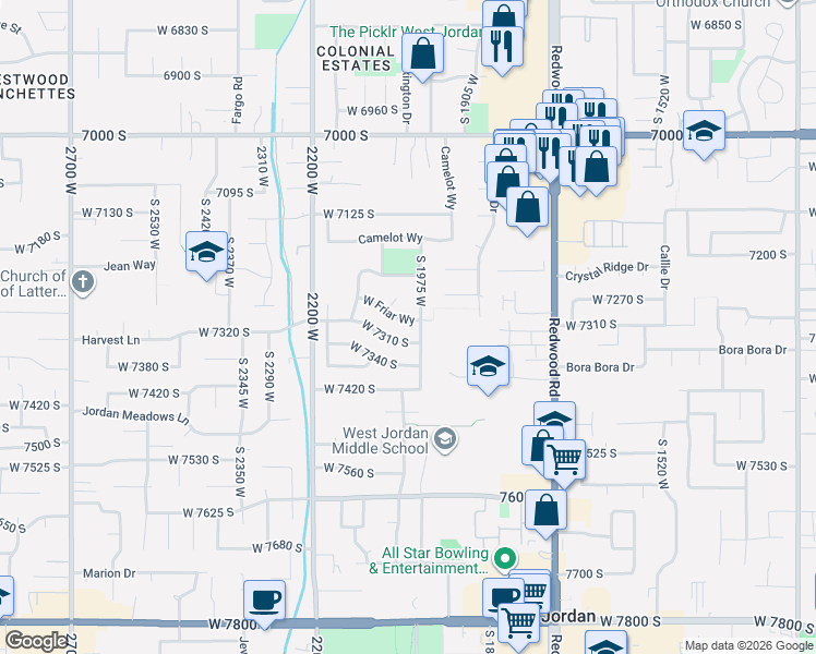 map of restaurants, bars, coffee shops, grocery stores, and more near 2023 West Friar Way in West Jordan