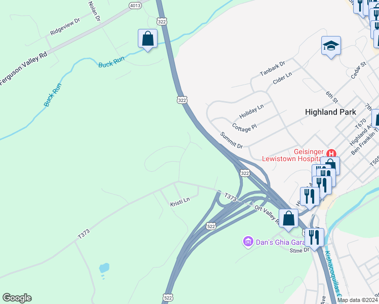 map of restaurants, bars, coffee shops, grocery stores, and more near 224 Greenbriar Road in Lewistown