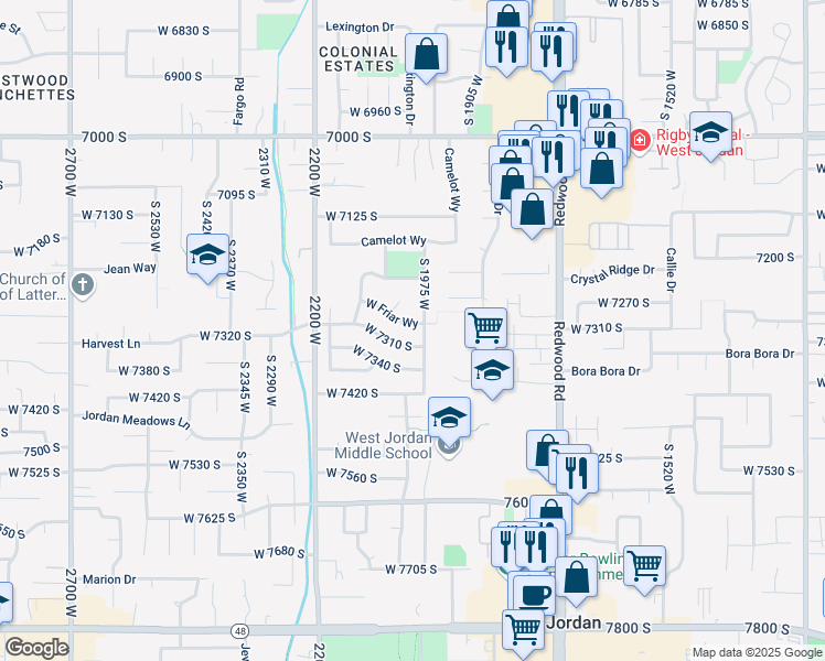 map of restaurants, bars, coffee shops, grocery stores, and more near 2023 West Friar Way in West Jordan