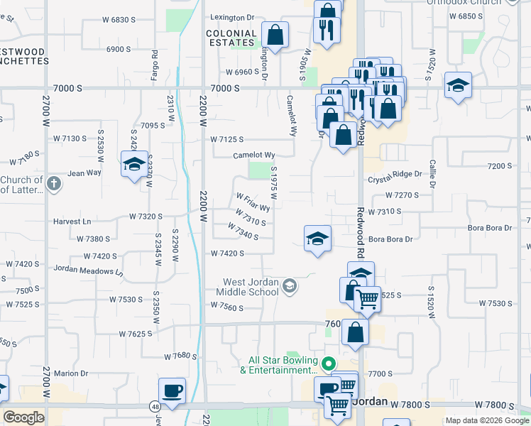 map of restaurants, bars, coffee shops, grocery stores, and more near 2023 West Friar Way in West Jordan