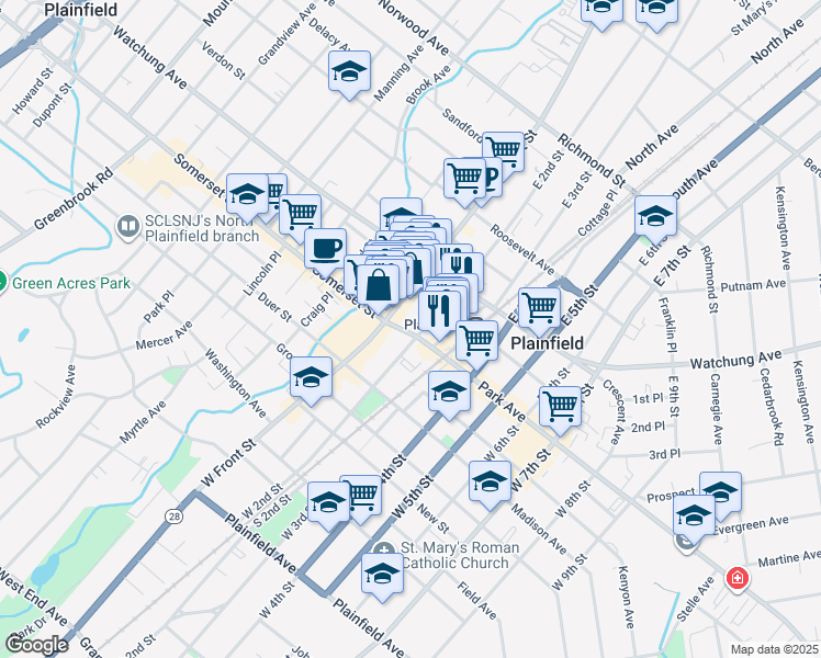 map of restaurants, bars, coffee shops, grocery stores, and more near 131 Park Avenue in Plainfield