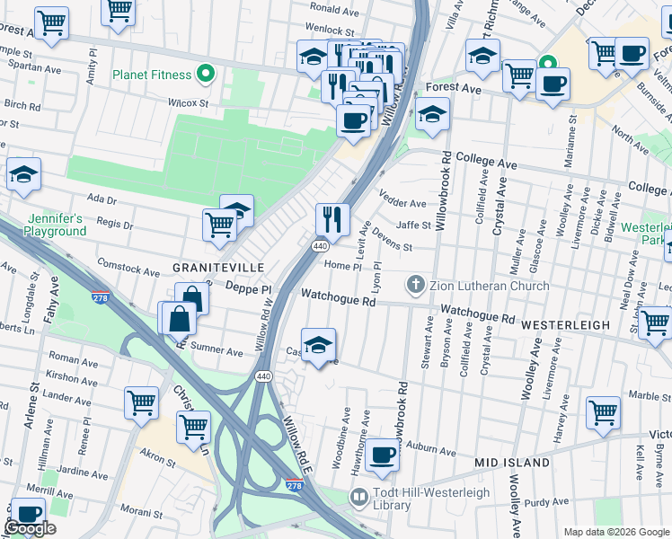 map of restaurants, bars, coffee shops, grocery stores, and more near 128 Home Place in Staten Island