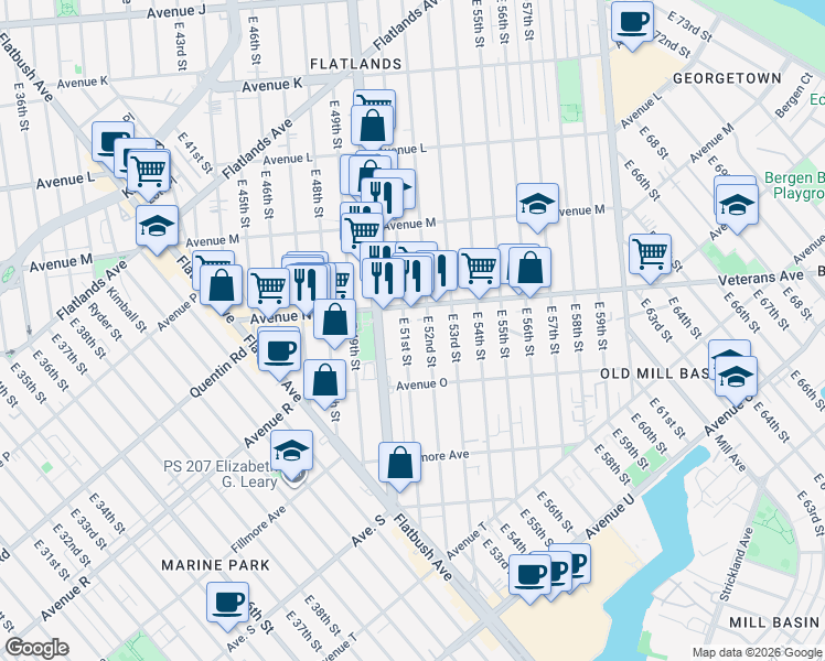 map of restaurants, bars, coffee shops, grocery stores, and more near 5101 Avenue N in Brooklyn