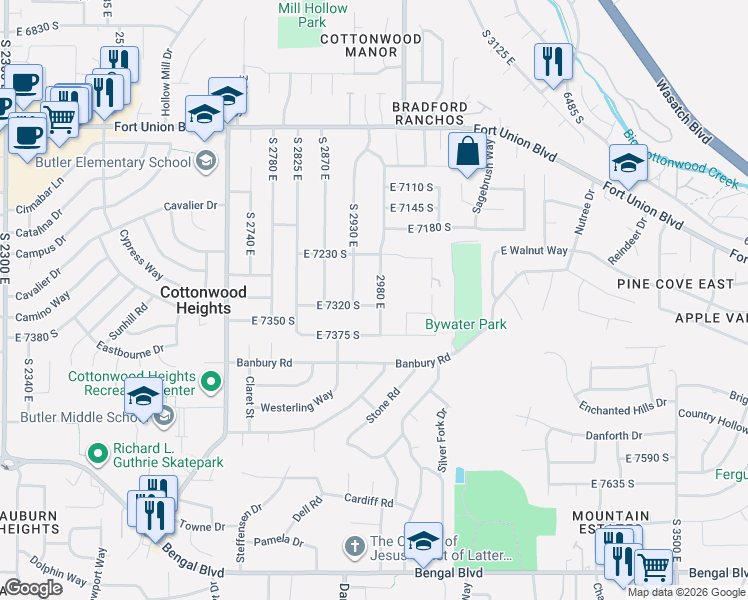 map of restaurants, bars, coffee shops, grocery stores, and more near 7312 South 2980 East in Cottonwood Heights