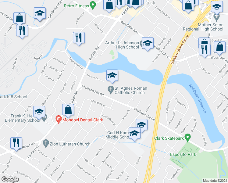 map of restaurants, bars, coffee shops, grocery stores, and more near 332 Madison Hill Road in Clark