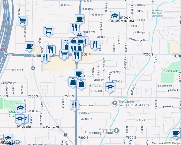 map of restaurants, bars, coffee shops, grocery stores, and more near 106 East 7320 South in Midvale