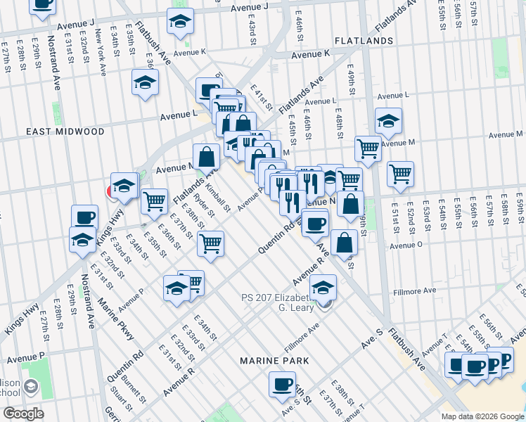 map of restaurants, bars, coffee shops, grocery stores, and more near 1633 Hendrickson Street in Brooklyn