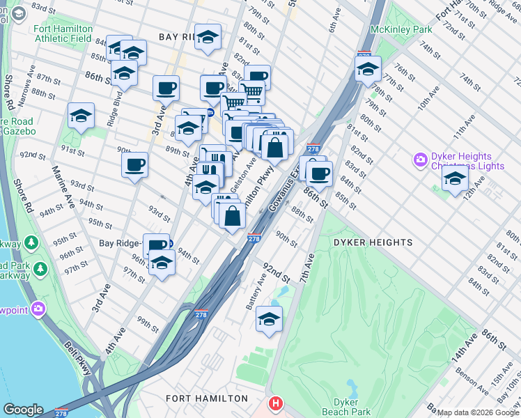 map of restaurants, bars, coffee shops, grocery stores, and more near 74 Gatling Place in Brooklyn