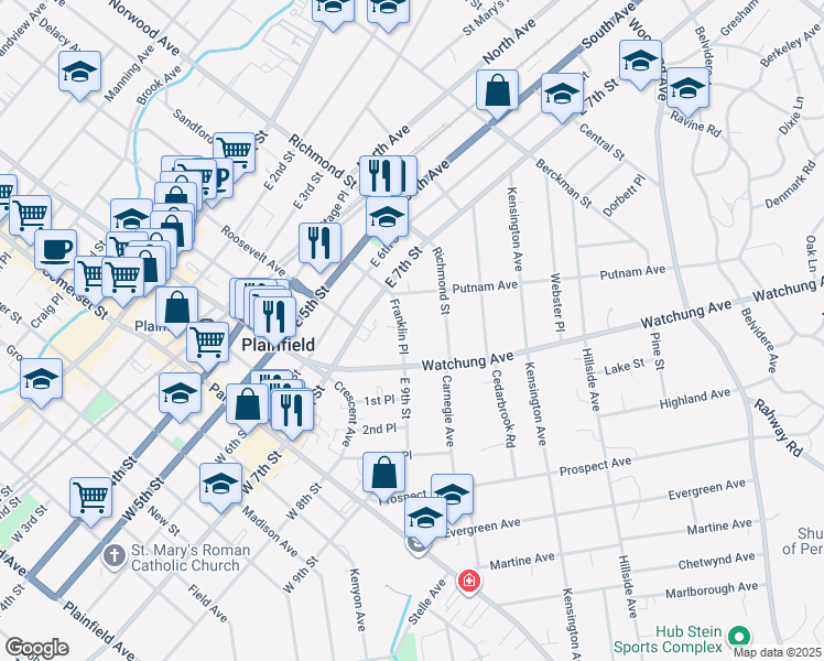 map of restaurants, bars, coffee shops, grocery stores, and more near 324 Franklin Place in Plainfield