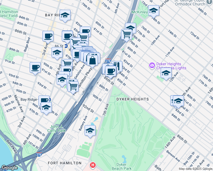 map of restaurants, bars, coffee shops, grocery stores, and more near 21 Battery Avenue in Brooklyn