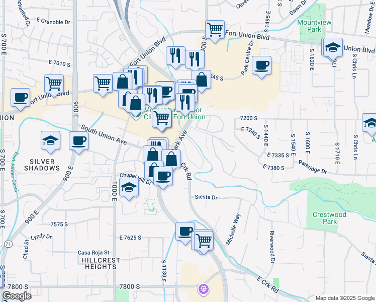 map of restaurants, bars, coffee shops, grocery stores, and more near 1205 East Waterside Cove in Cottonwood Heights