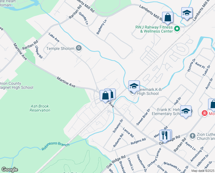 map of restaurants, bars, coffee shops, grocery stores, and more near 45 Rivervale Court in Scotch Plains