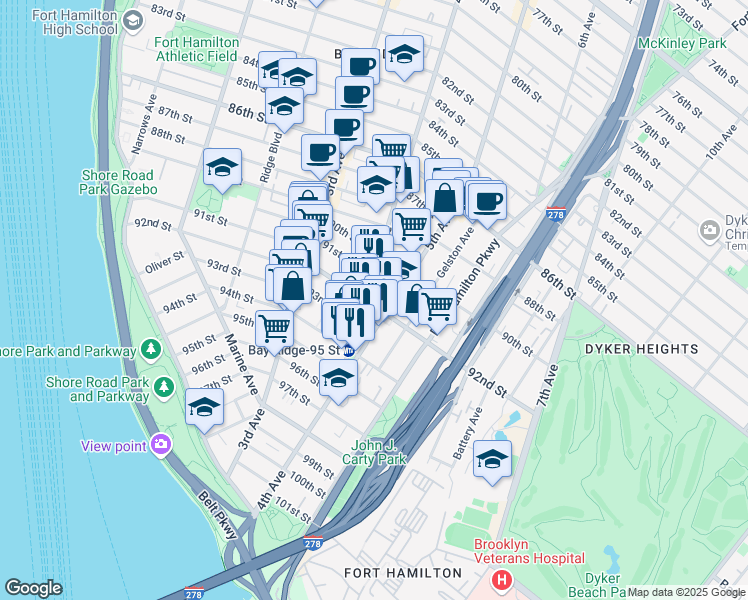 map of restaurants, bars, coffee shops, grocery stores, and more near 407 92nd Street in Brooklyn