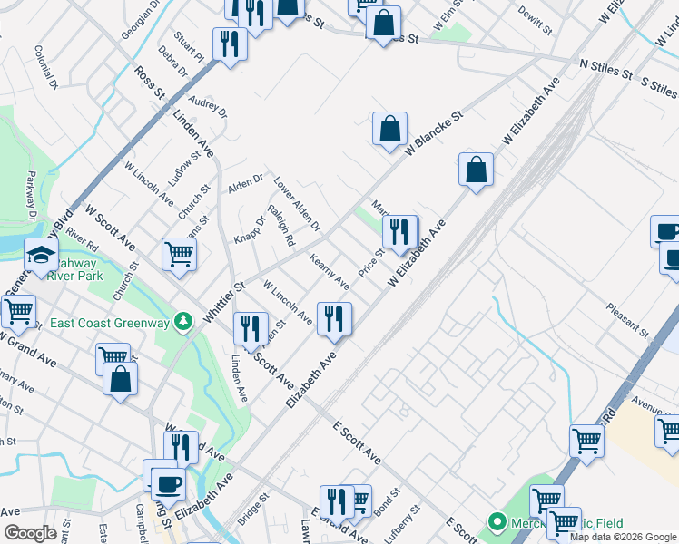 map of restaurants, bars, coffee shops, grocery stores, and more near 190 Donald Avenue in Rahway
